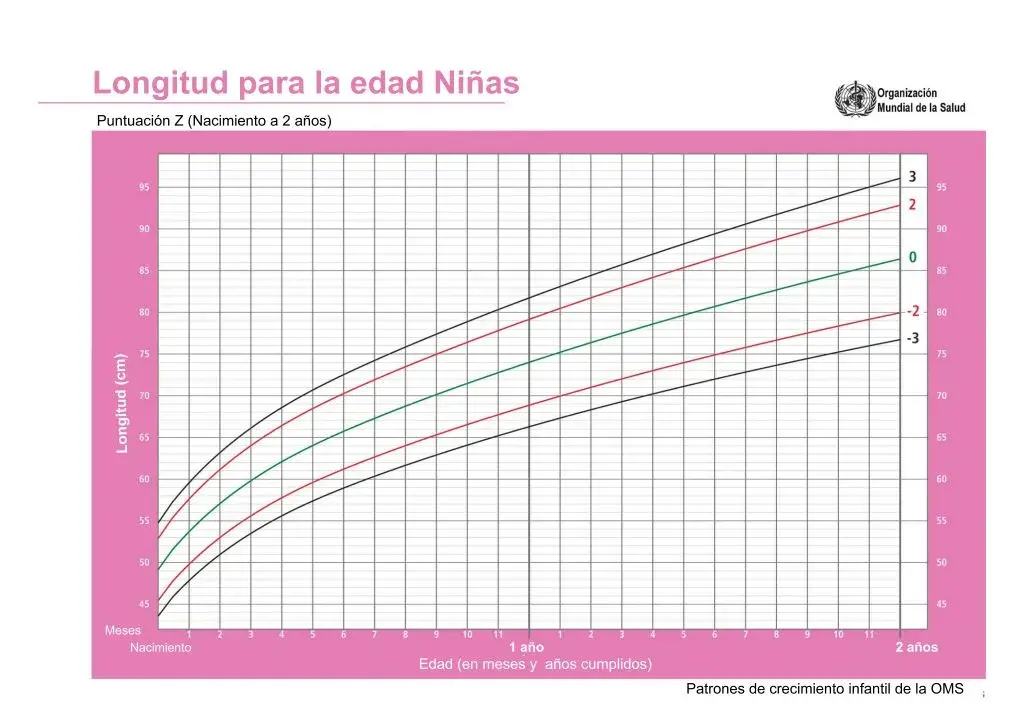 Una tabla de longitud para la edad en niñas que muestra los percentiles de crecimiento de niñas mujeres de los cero a los dos años de edad, con sus curvas. Esta tabla contiene datos de la OMS